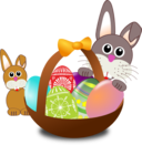 Funny Bunny Face With Easter Eggs In A Basket With Baby Rabbit